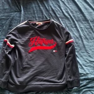 Tommy Hilfiger Navy and Red Crewneck Sweater with Ribbed Cuffs